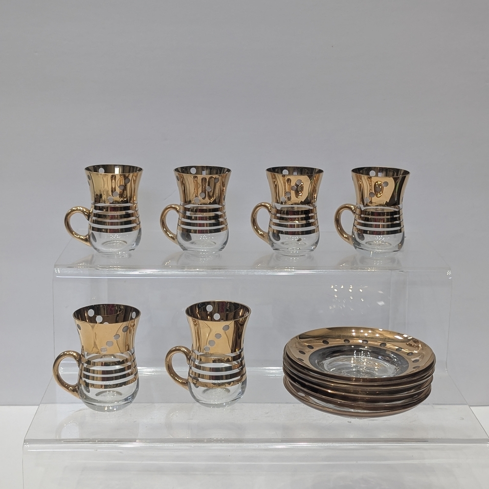 Vintage Turkish Polka Dot Glass Tea Cup Set Of 6 With Saucers Gold & Clear